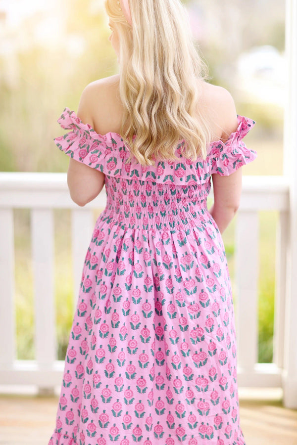 Trunk Show pink stamped flower smocked maxi dress