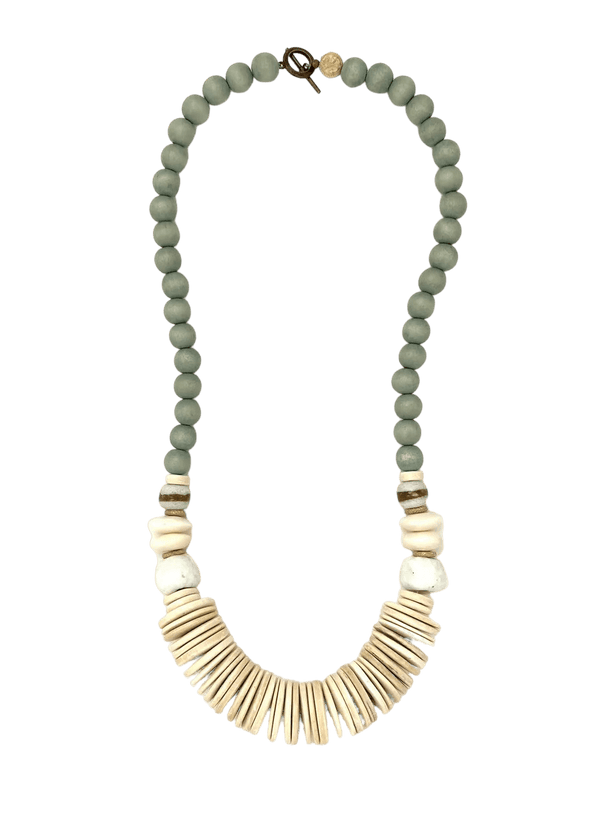 Sage and natural tumbled wood necklace