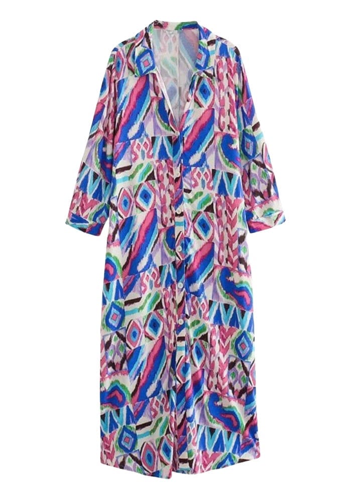 Pink and blue abstract geo midi shirt dress