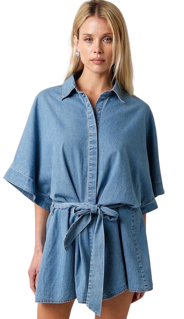 Denim belted romper with 3/4 sleeves
