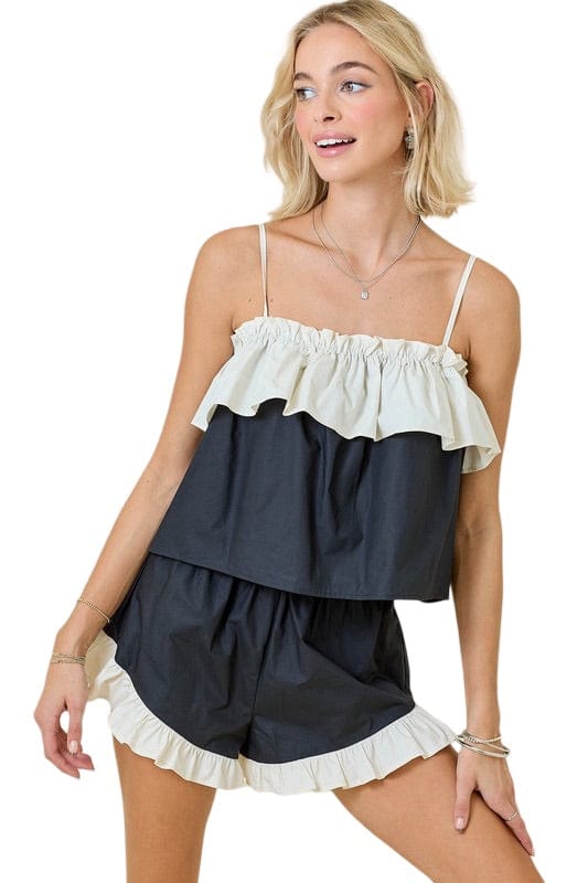 Black & cream ruffle short set