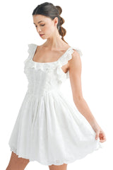 White ruffle eyelet scoop neck dress