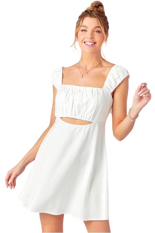 White gathered sleeve and bust peekaboo dress