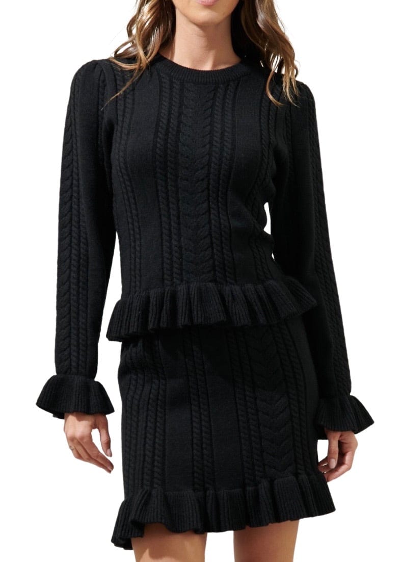 Black cable knit ruffle sweater and skirt set