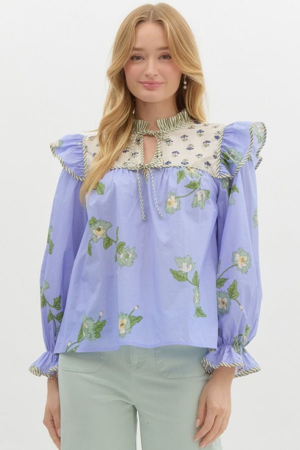 Periwinkle blue floral top with block print