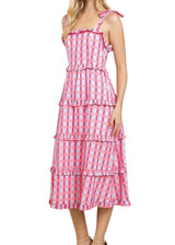 Pink and cloud blue gingham ruffle tiered midi