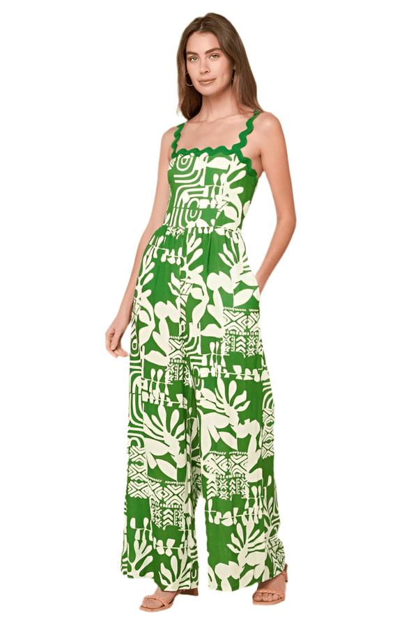 Green and ivory printed jumpsuit with ric rac trim