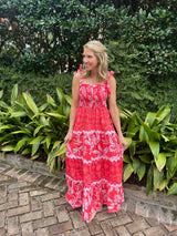 Red and pink floral tiered midi with pink ric rac