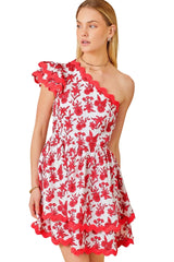 Red and white floral one shoulder ric rac dress