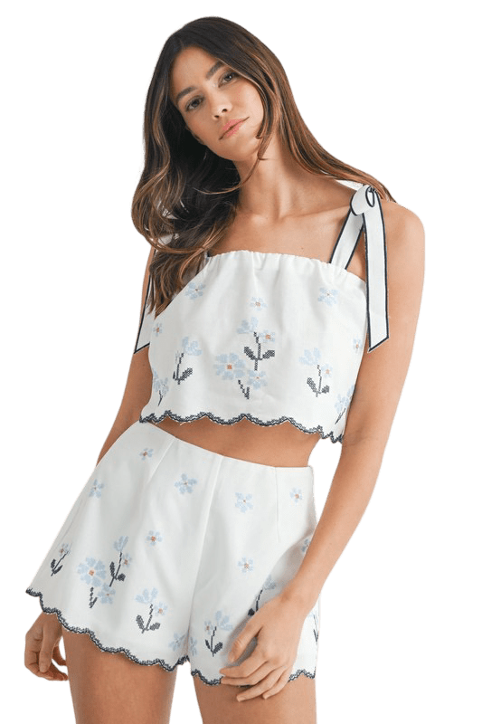 White & blue tie strap cropped short set