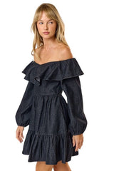 Black denim off shoulder ruffle dress