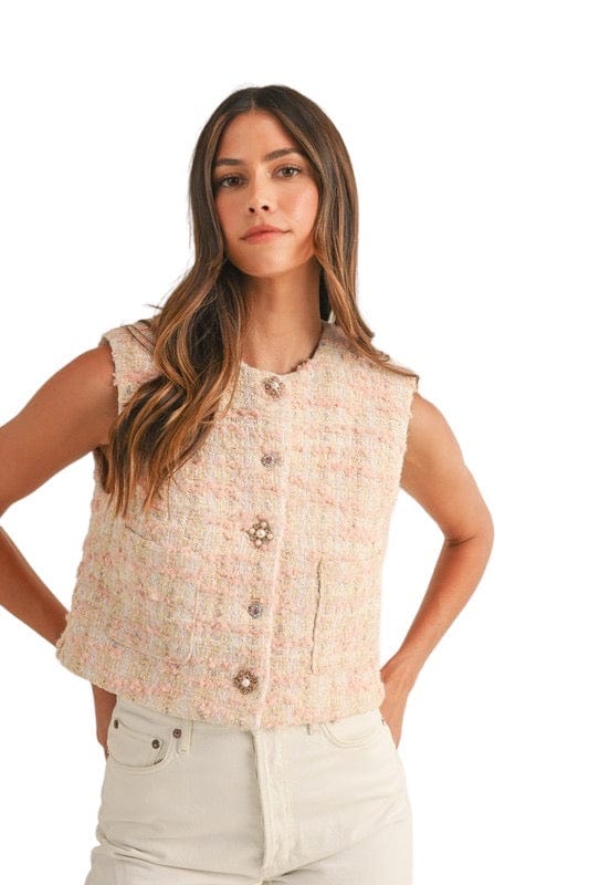 Blush tweed rhinestone front button vest