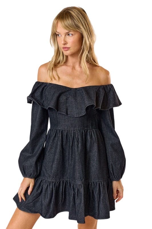 Black denim off shoulder ruffle dress