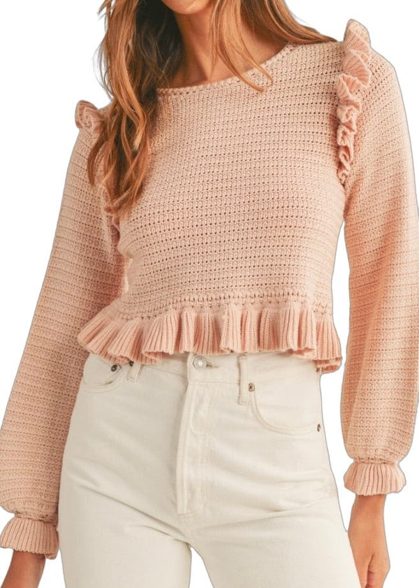 Blush pink ruffle trim knit sweater