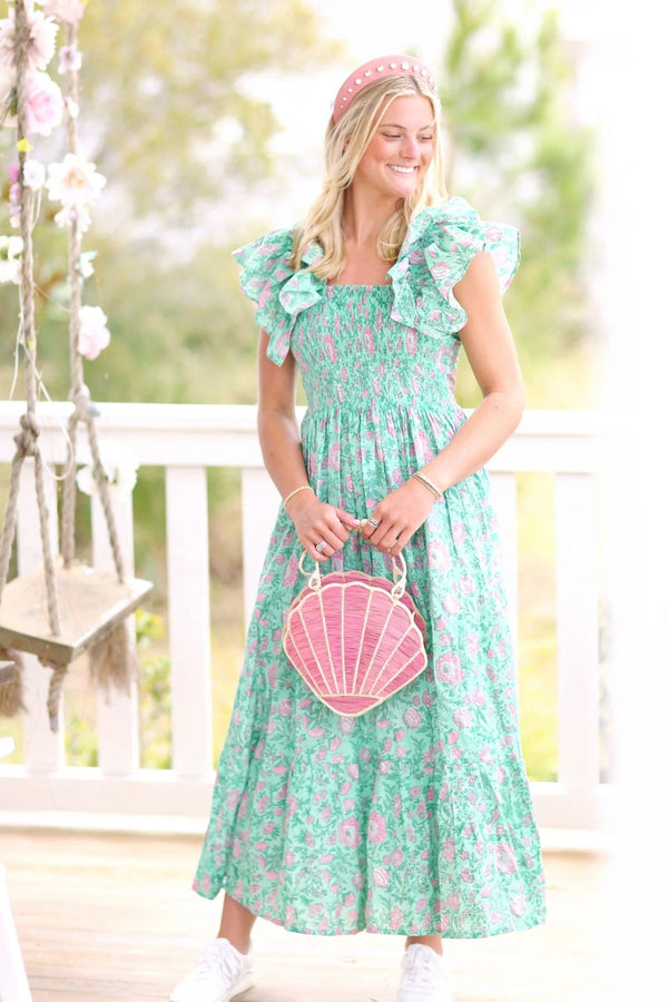 Trunk Show teal stamped flower smocked maxi dress