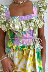 Yellow green and purple colorblocked floral maxi