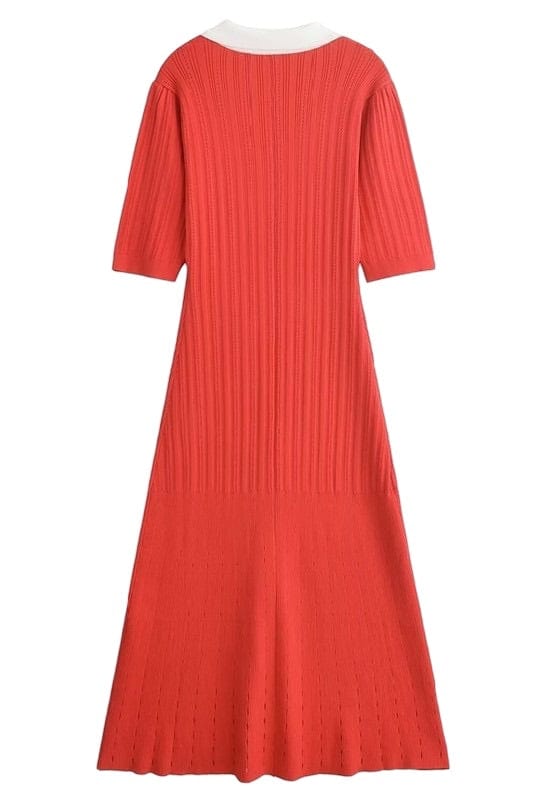 Red knit collared midi dress