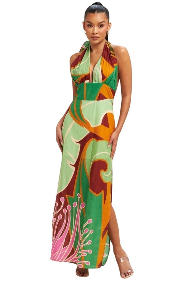 Tahiti print halter maxi dress