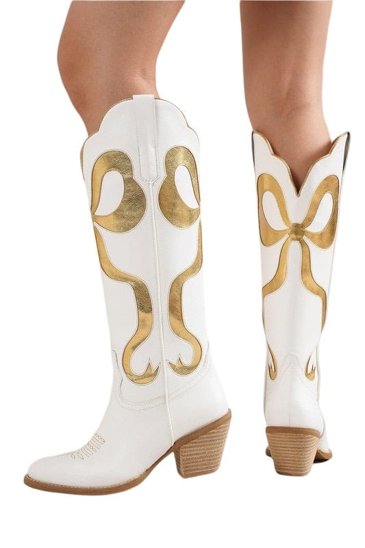 White and gold bow western boot