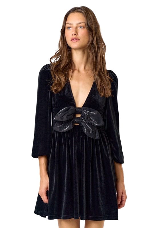 Black velvet double bow mini dress