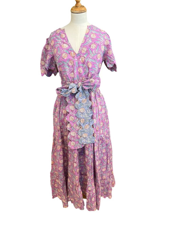 Grace purple scalloped floral dress with contrasting blue sash