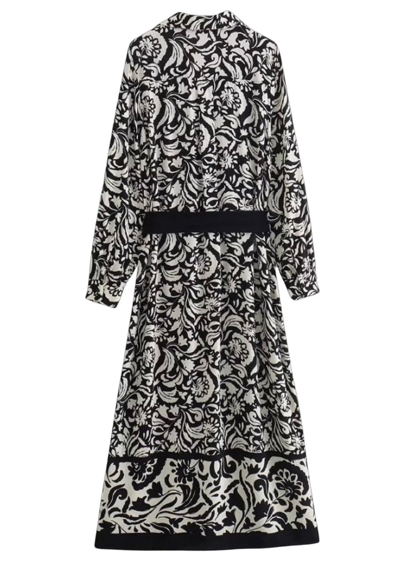 Black and cream floral midi dress with solid belt