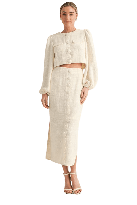 Cream tweed scallop midi skirt set