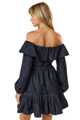 Black denim off shoulder ruffle dress