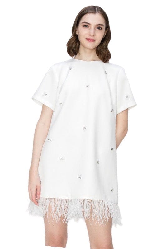 White jeweled feather hem dress