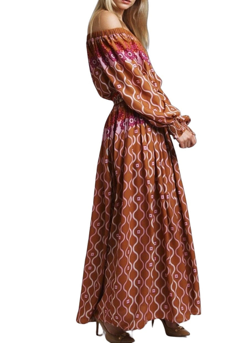 Caramel and magenta off the shoulder printed top and skirt set