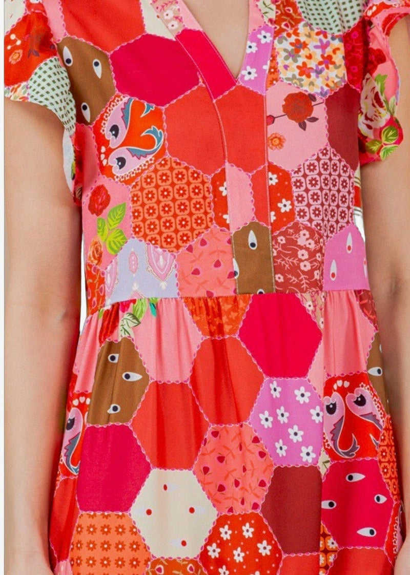 Honeycomb patchwork ruffle sleeve midi dress