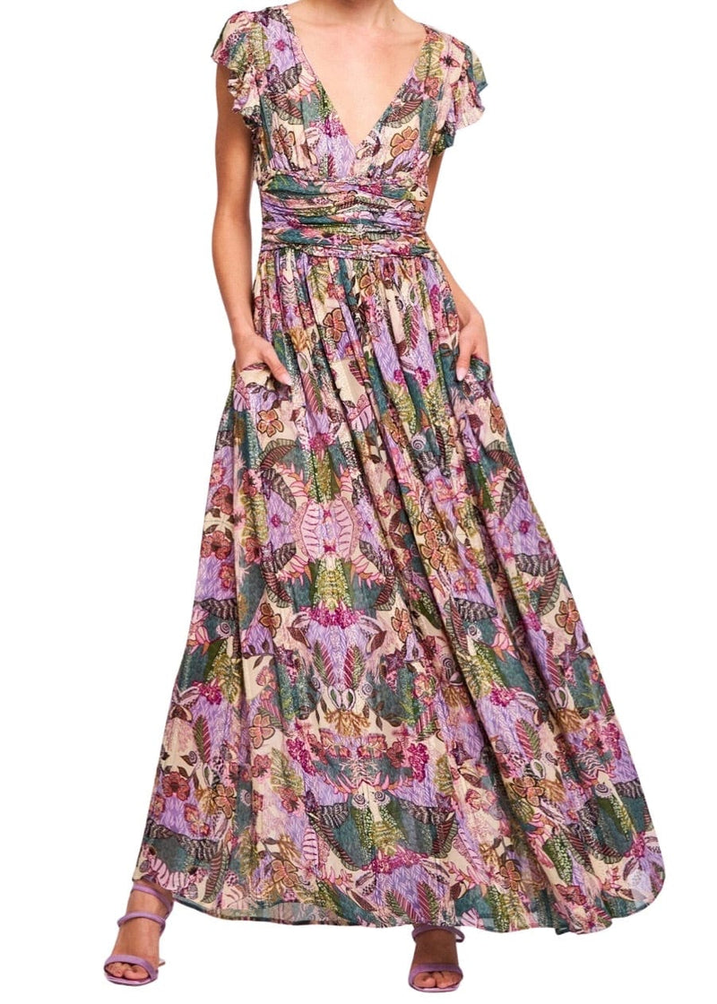 Purple and green abstract floral maxi dress