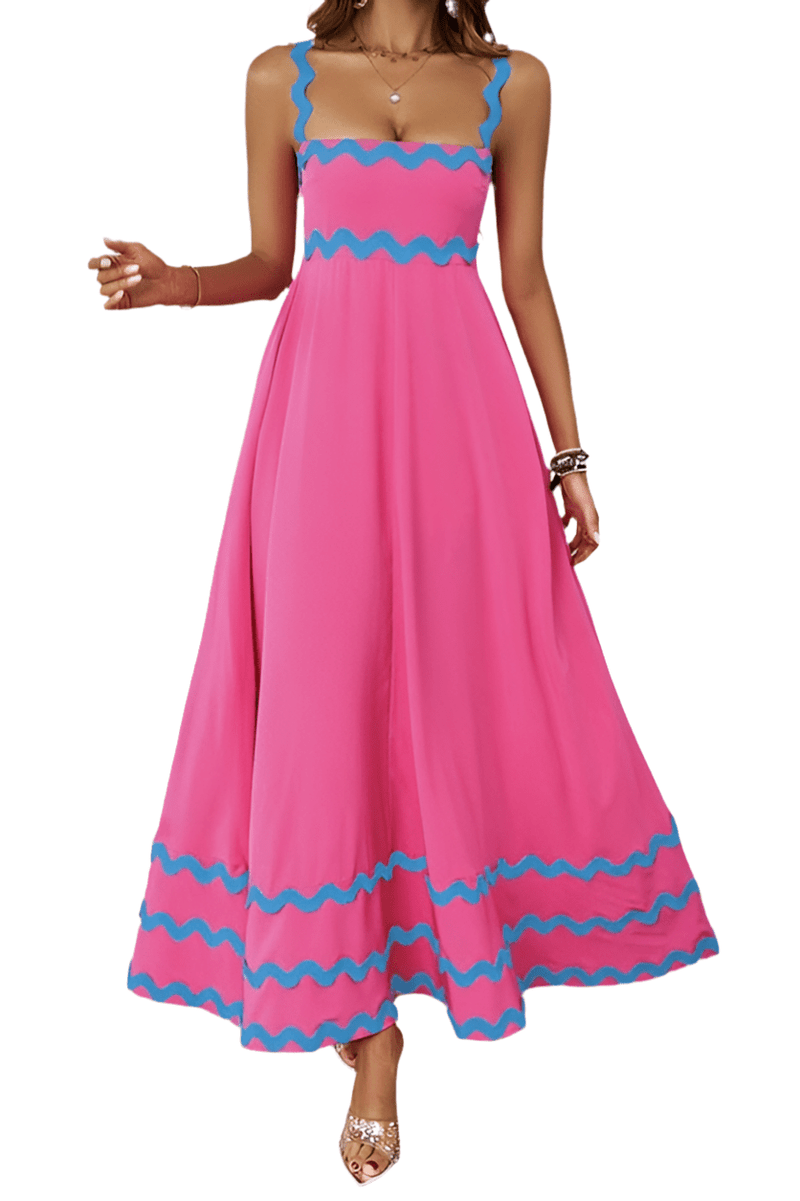 Hot pink maxi dress with blue wave trim