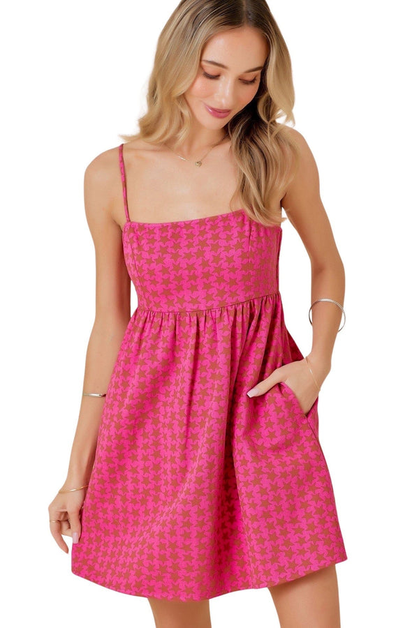 Hot pink and tan star print denim dress