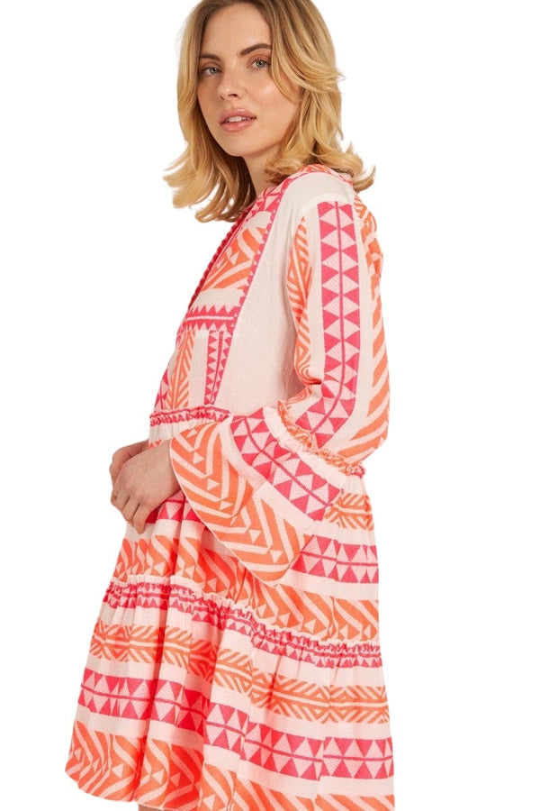 Pink & orange embroidered 3/4 sleeve tunic dress