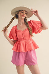 Coral sweetheart pleated baby doll top