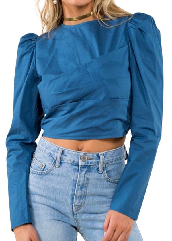 Blue pleated tie back top
