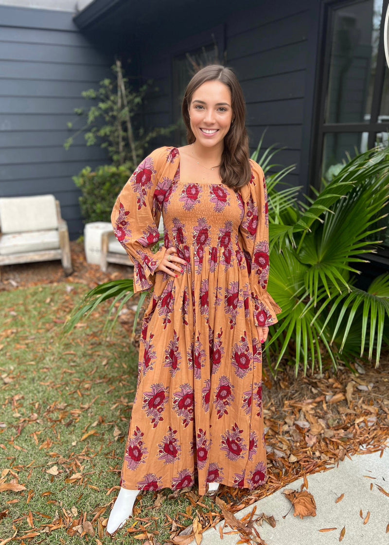 Trunk show rust floral smocked bodice maxi