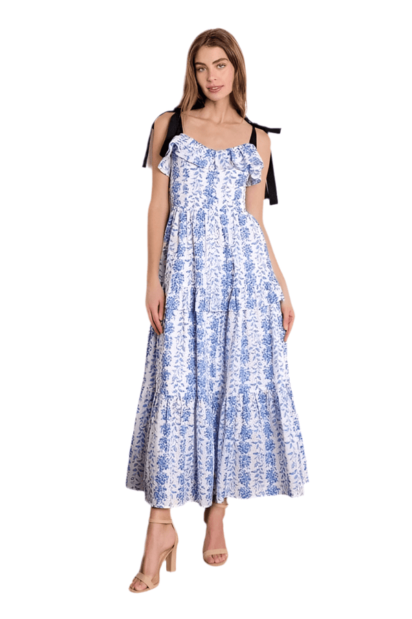 Blue and white floral maxi with black ties