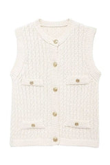 Off white cable knit vest with gold buttons