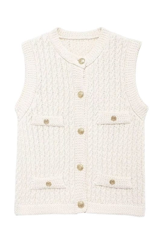 Off white cable knit vest with gold buttons