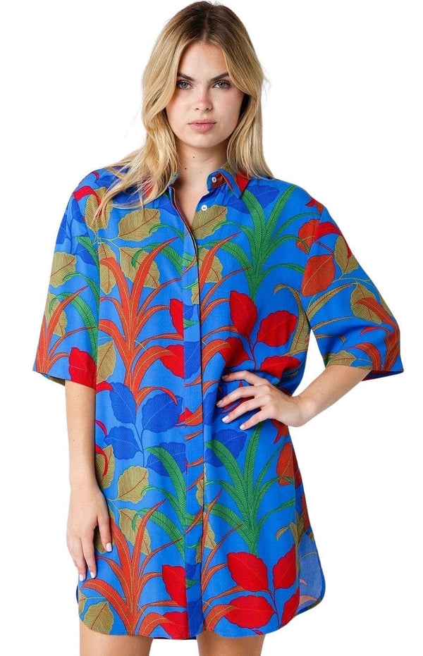 Blue & poppy foliage print shirt dress