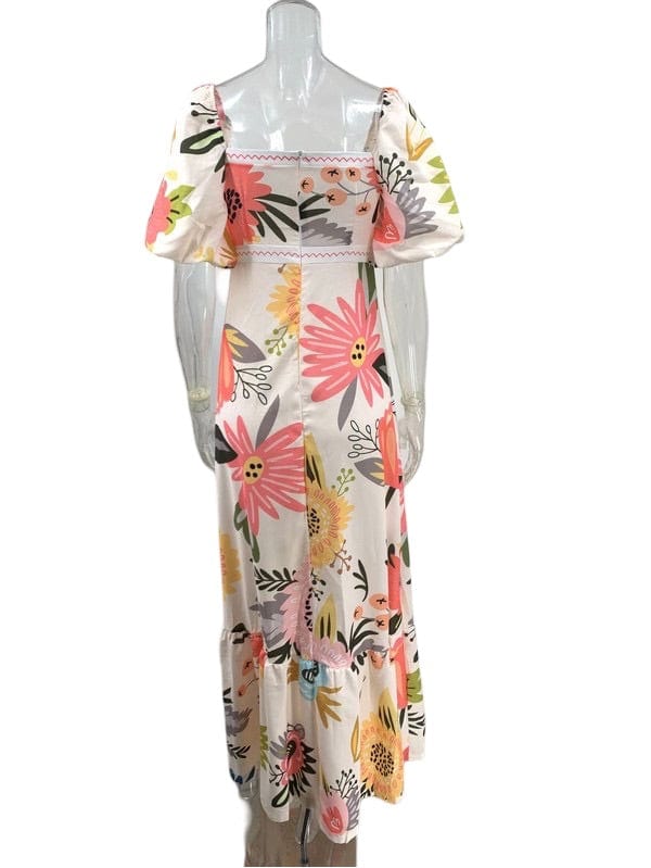 White pink and peach large floral print puff sleeve maxi