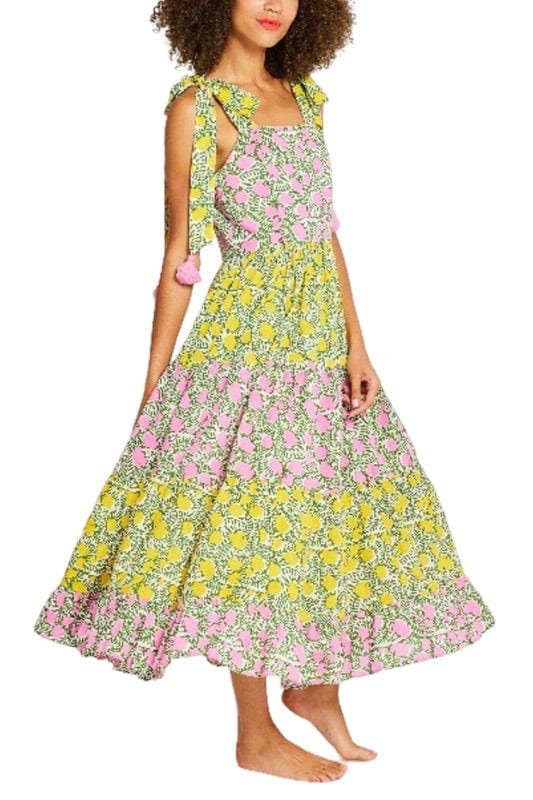 Pink and yellow floral colorblocked tiered midi
