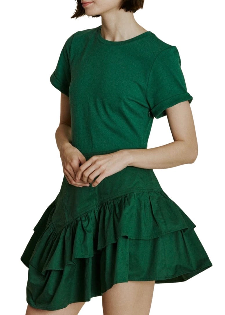 Deep green combo knit ruffle dress