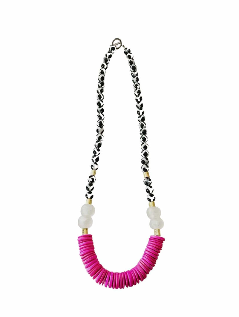 Black giraffe glass and pink beaded necklace