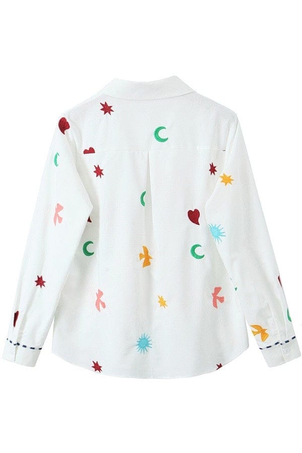 White multi color embroidery long sleeve shirt