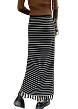 Black stripe knitted tassel midi skirt