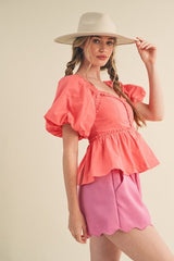 Coral sweetheart pleated baby doll top