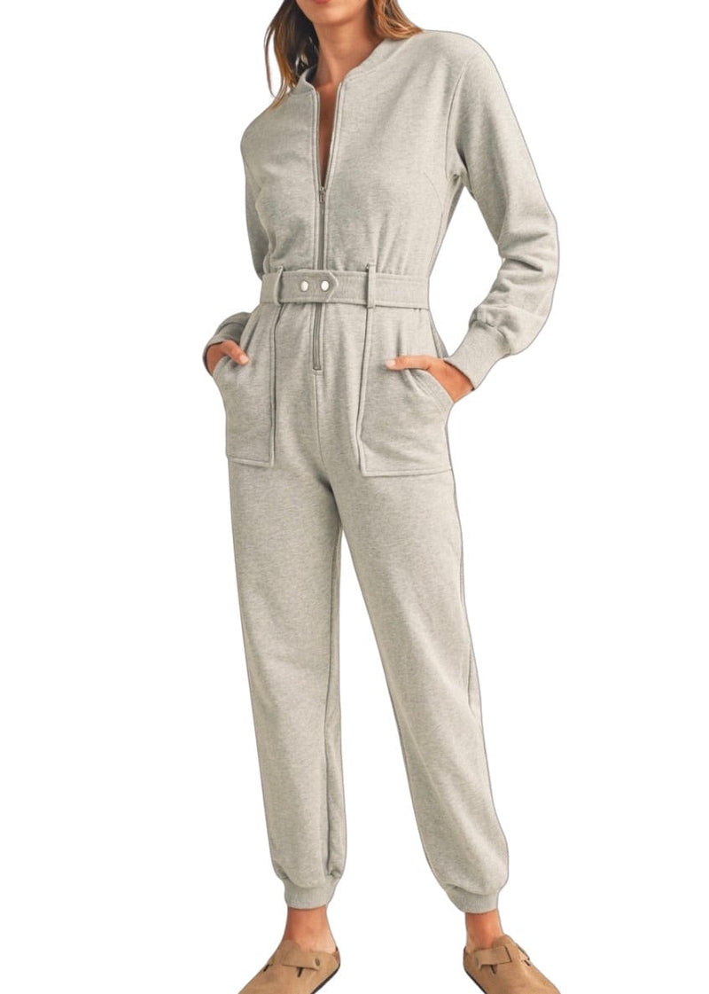 Heather grey French terry front zip jumpsuit